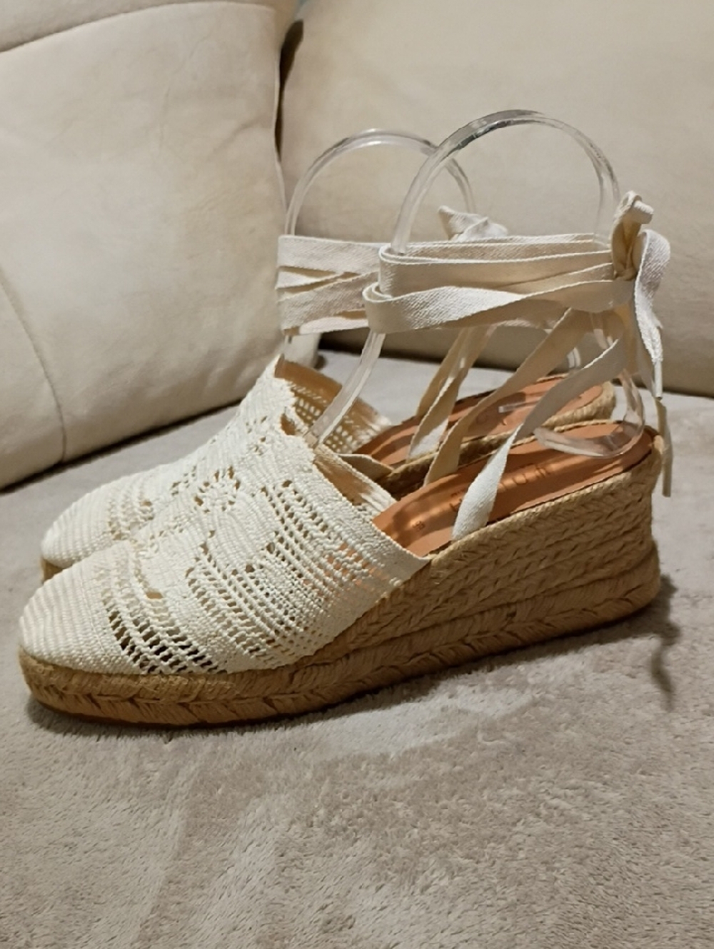Unisa Cream Crochet Espadrille Wedge Sandals with Ankle Wrap - Picture 4 of 9